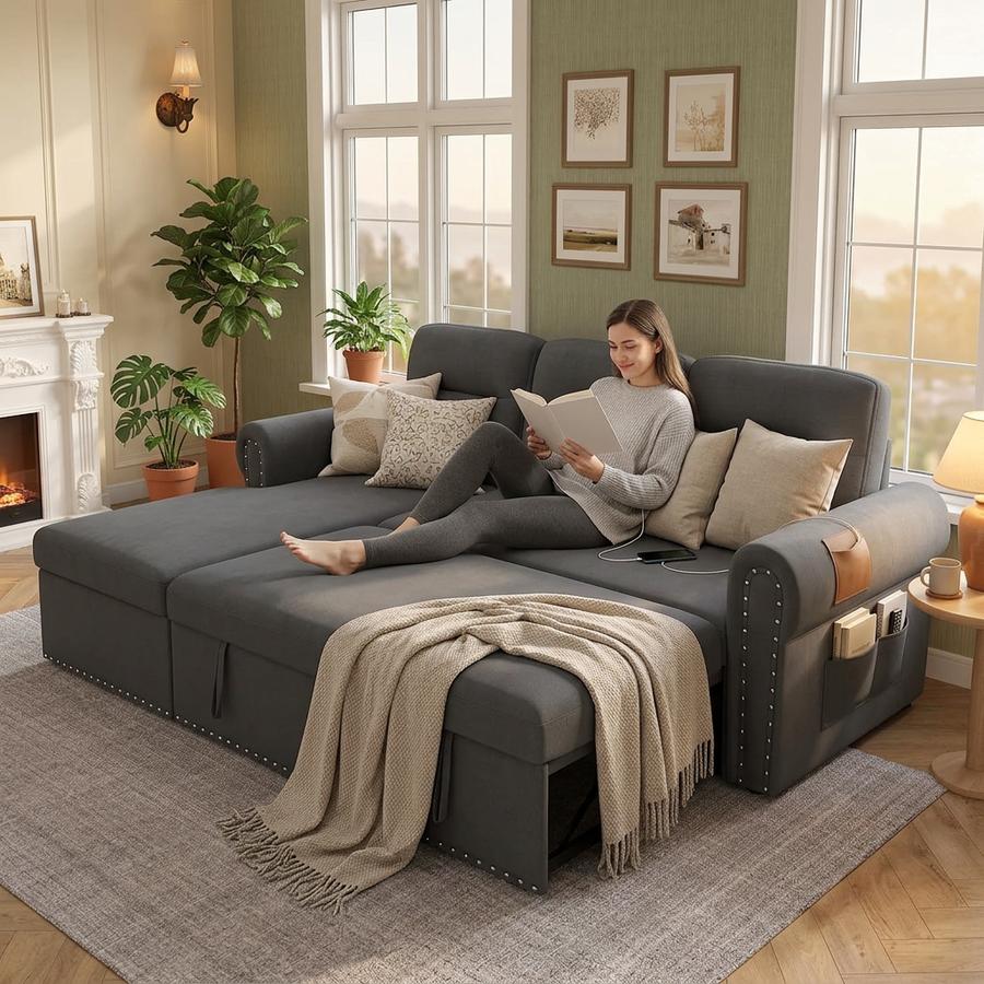 83" Sectional Sleeper with Storage styled in a room