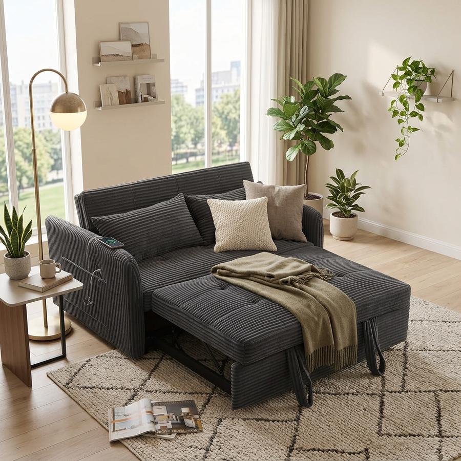 55.5" Corduroy Convertible Sofa Bed styled in a room