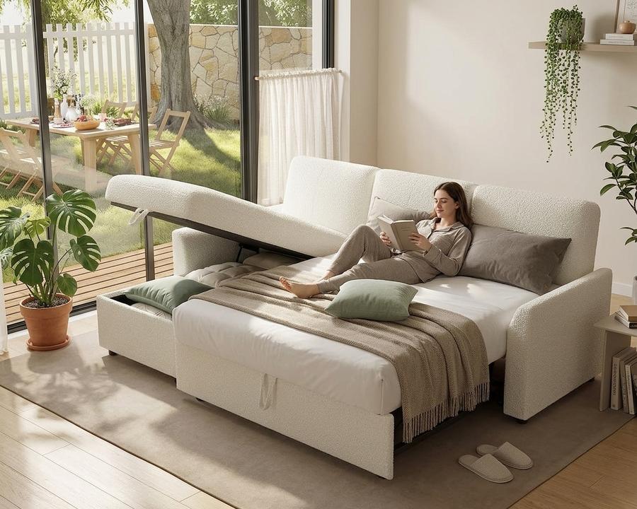 AMERLIFE 84" Boucle Sleeper Sofa styled in a room