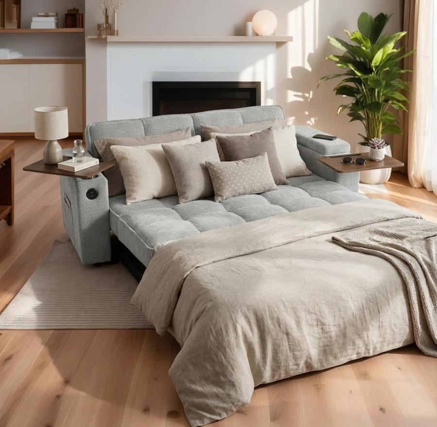 oaaktu 65" Velvet Convertible Sleeper styled in a room